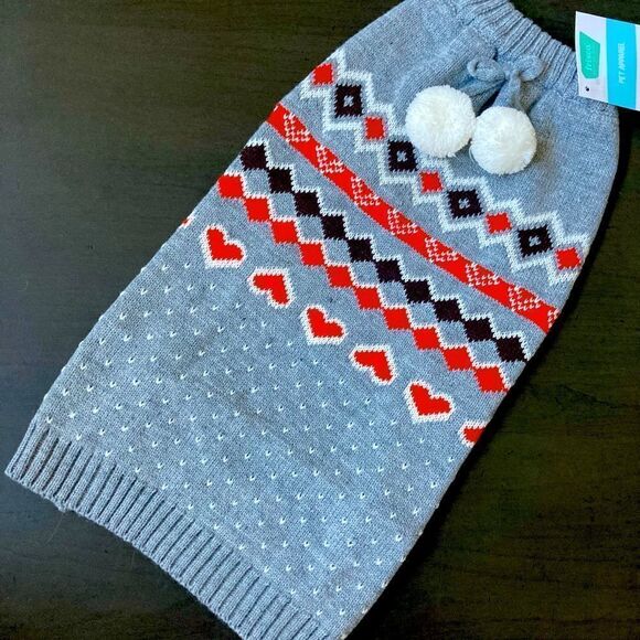 Fair Isle Hearts Gray Pom Pom Pet Nordic Holiday Valentine Dog Pet Sweater - Picture 1 of 4